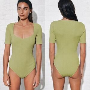 Mara Hoffman Marlowe Green Ribbed Short Sleeve Bodysuit $195 Size XL